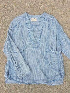 Free People We The Free By the Shore  Oversized Indigo Striped Shirt Top Size S